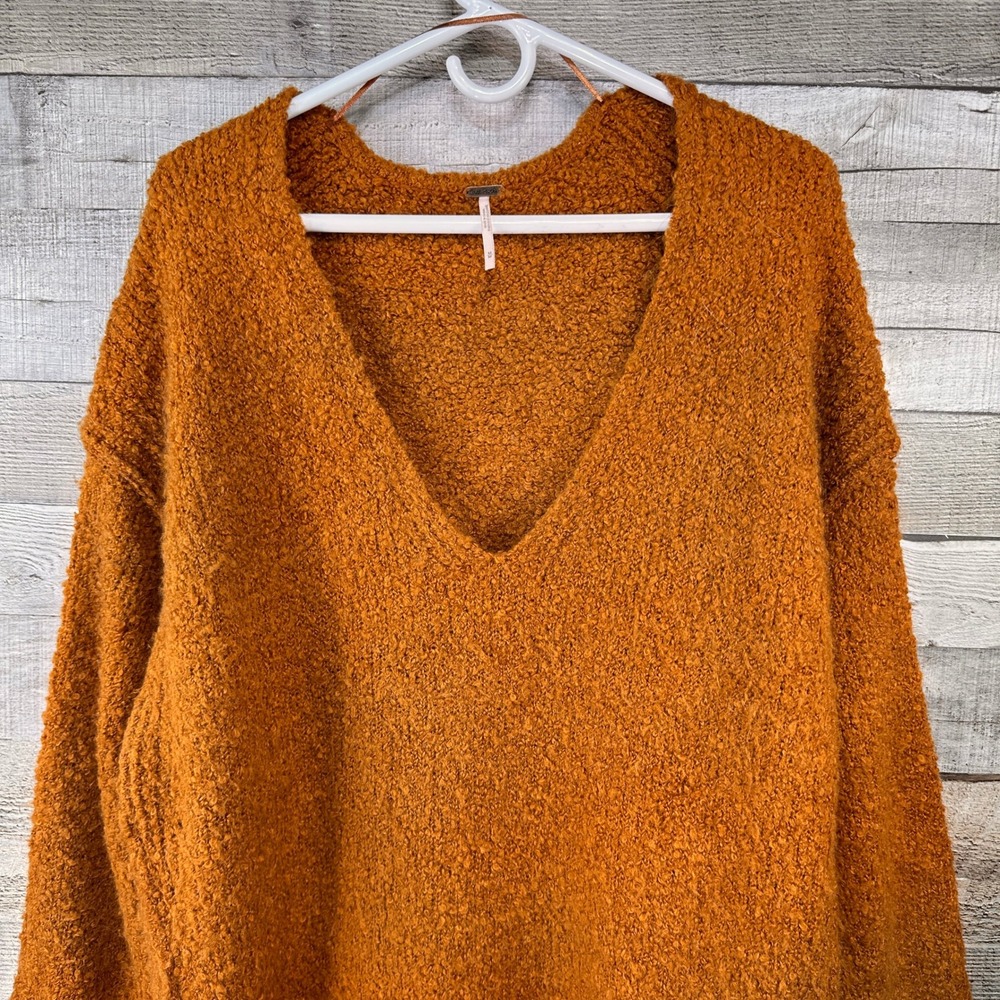 Free People Lofty V-Neck Burnt Orange Alpaca Blend Chunky Knit Sweater Medium